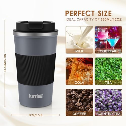 KETIEE Travel Coffee Mug Spill Proof 12oz, Insulated Reusable Coffee Cups with Seal Lid, Vacuum Stainless Steel Travel Mug to Go Car Tumbler for Hot/Iced Drinks (Grey) - Image 6