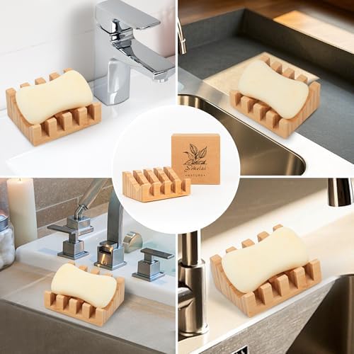 Shampoo Bar and Sponge Holders for Shower – Self-Draining Bamboo Soap Dish Tray, 2 Pack Wooden Soap Saver Racks for Conditioner Bars, Razor, Sink, Bathroom, Kitchen, or Travel - Image 5