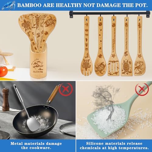 Sea Turtle Gifts for Women,6 PCS Turtles Wooden Bamboo Spoons Cooking Utensil Set for Kitchen Decor,Ocean Themed Stuff for Turtle Lovers,Mom,Men,Housewarming Gifts,Birthday,Easter,Mother's Day - Image 4