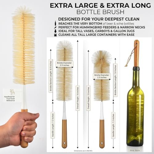 ALINK Extra Large Long Bottle Brush Set - 16" / 15" Long Bamboo Handle Bottle Cleaner for Narrow Neck Beer Wine Bottles, Decanter, Tumblers, Thermos, Jugs with Straw Brush, Kettle Spout/Lid Brush - Image 2