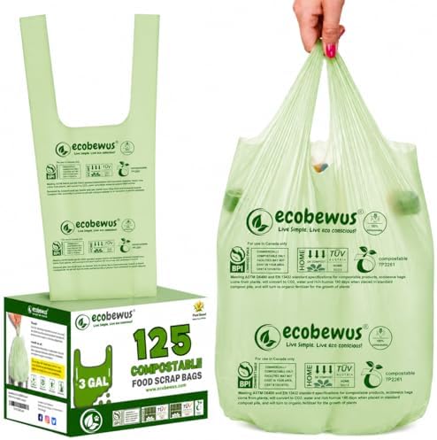 3 Gallon Certified Compostable Bags (125 Bags) Small Disposable Compost Trash Bags Food Scrap Garbage Bags US BPI Certified TUV OK Compost Home Certified Meeting ASTM D6400 (125 ct.) by ecobewus