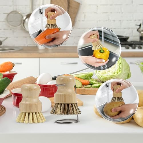 SAMEBUETCO 6-Piece Bamboo Dish Brush Set with 2 Stainless Steel Drying Racks, 3 Mixed Fiber Pot Brushes & 1 Sisal Bristle Brush for Dishes, Pots, Pans, Vegetables & Kitchen Cleaning - Image 2