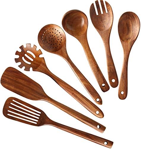 Wooden Kitchen Utensils set, 7Pcs Wooden Spoons for cooking Natural Teak Wood Kitchen Spatula Set for Cooking including Spoon Ladle Fork by NAYAHOSE