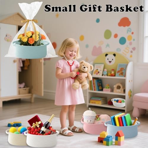 Woven Rope Basket - Baby Gift Basket with Bag & Ribbon, Aqua - Image 4