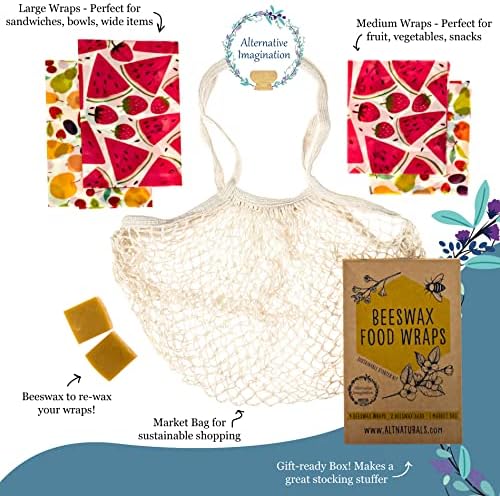 7 Pc Beeswax Wraps for Food Snacks, Sandwich, Bread - Reusable Eco Friendly Kitchen Storage and Zero Waste - 4 Wraps, 2 Beeswax Bars and Cotton Mesh Market Bag - Alternative Imagination - Image 4
