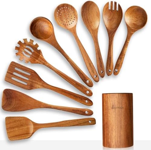 Wooden Spoons for Cooking,Wooden Cooking Utensil Set,10-Piece Wooden Kitchen Utensil Set with Wooden Spoons(A10) by WOTTISH