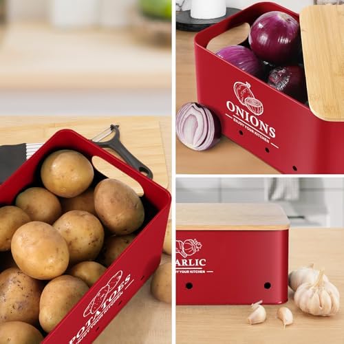 Kitchen Vegetable Storage Set of 3, Metal Onion Garlic Potato Storage Set, Kitchen Canisters Vegetable Keeper Containers with Aerating Holes and Bamboo Lid，Red - Image 6