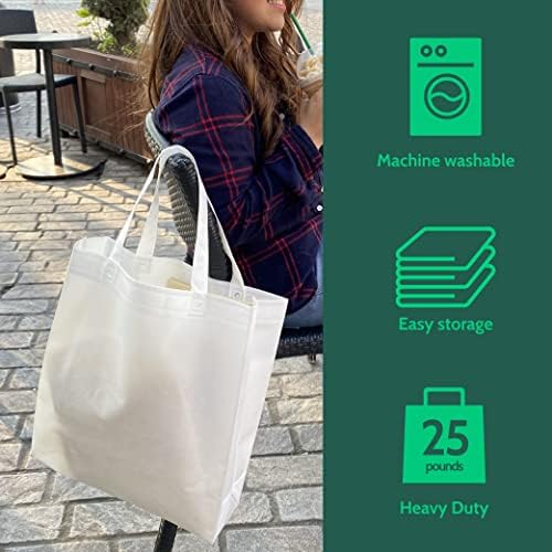 Bagways 10 PACK Reusable Grocery Bags with Handles, Durable, Foldable, Washable Eco-Friendly Shopping Totes, 14x6.5x14 Inch, Cream - Image 2