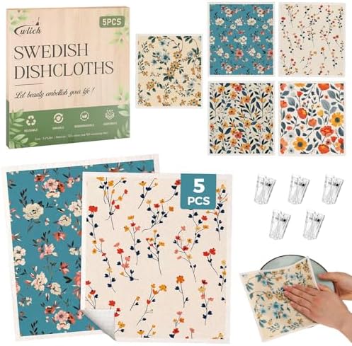wlich 5 Pack Swedish Dishcloths, Reusable Kitchen Towels with Clips, Plant by wlich