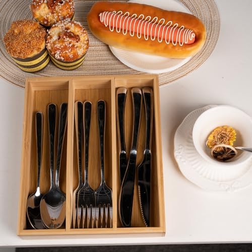 Fibogollo Bamboo Silverware Organizer with 3 Slots for Kitchen(Natural) - Image 4