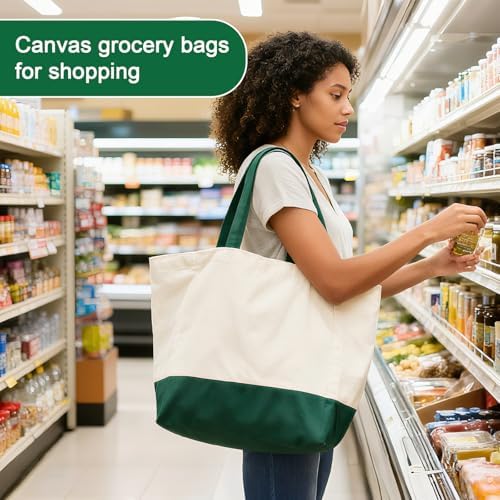 Reusable Grocery Bags Heavy Duty, 8.3 gal Foldable Large Canvas Tote Bag with Handles, Holds 60 lbs Canvas Shopping Bags, 1 Pack（Retro Green） - Image 2