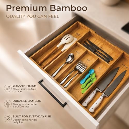 Expandable Bamboo Drawer Organizer for Kitchen Utensils, Adjustable Silverware Organizer, Natural Bamboo Cutlery Tray with Kitchen Labels & Non-Slip Pads - Image 4