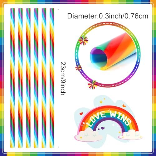 JANYUN 30 Pieces Rainbow Drinking Straws, 9inch Hard Platic Reusable Straws LGBT Gay Pride Colorful Rainbow Striped Straw for Pride Party Favors Decorations with Cleaning Brush - Image 2