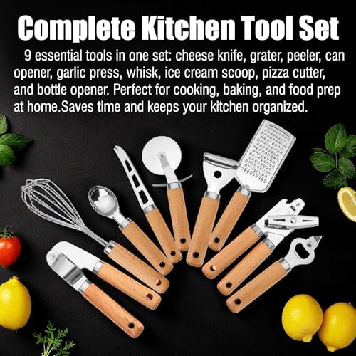 Stainless Steel Kitchen Gadget Set – 9 PCS Western Cooking Utensil & Tool with Wooden Handle: Pizza Cutter, Garlic Press, Can and Bottle Opener, Ice Cream Scoop, Peeler, Cheese Grater and Knife, Whisk - Image 2