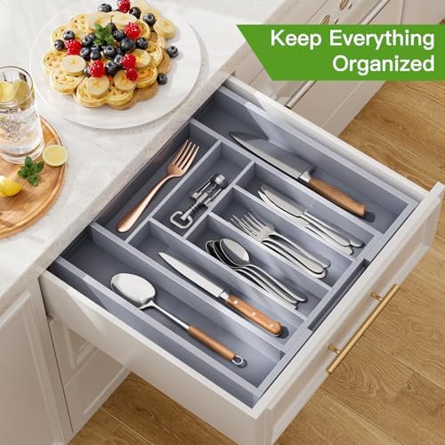 Pipishell Bamboo Expandable Silverware Drawer Organizer, Gray, Medium - Image 3