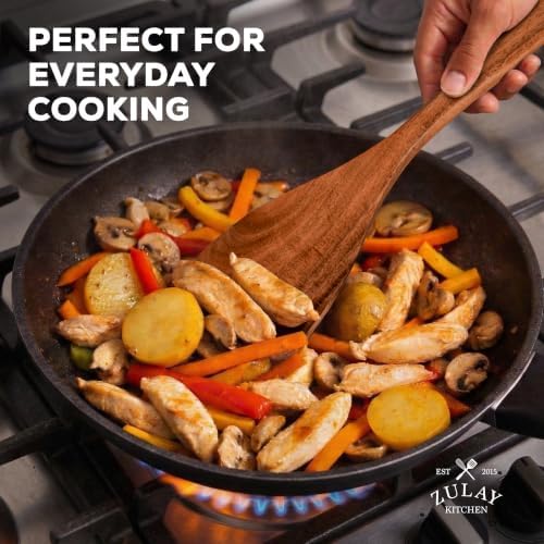 Zulay Kitchen Extra-Large 5-Piece Wooden Spoon Set - Smooth Teak Cooking Utensils - Comfort-Grip Non-Stick Turner, Spatula, Skimmer, Fork, Serving Spoon - Image 6