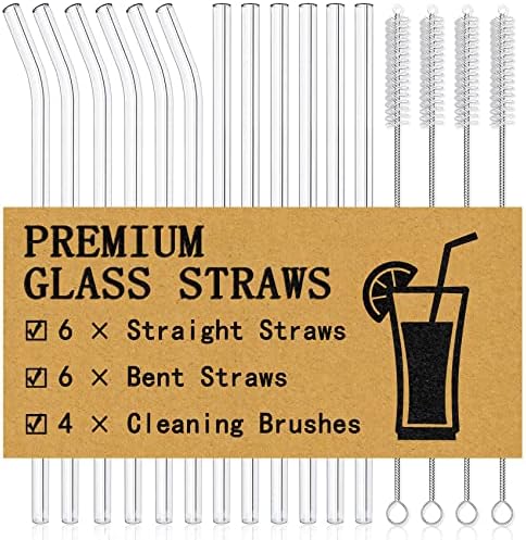Piteno® 12Pcs Glass Straws with 4Pcs Brushes, Clear Glass Drinking Straws, 10''x10MM, Set of 6 Straight and 6 Bent with 4 Cleaning Brushes, Perfect for Smoothies, Milkshakes, Juice, Tea by Piteno