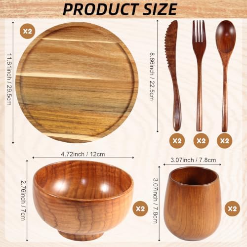 12 Pcs Acacia Wood Dinnerware Set 11.6 Inch Round Wooden Plates Bowls Tea Cups Fork Spoons Cutlery Knife Acacia Wood Tableware Supplies Lightweight for Dishes Snack Dessert, 2 Set - Image 2