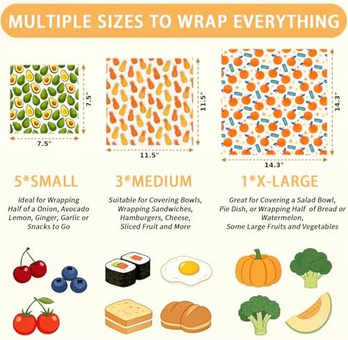 Beeswax Food Wrap, Orange Pineapple Avocado Wrap, 9 Pack Eco-Friendly Food Storage, Sandwich, Snack, Bowl Covers, Organic, Sustainable, Zero Waste, Plastic-Free, 1XL, 3M, 5S - Image 2
