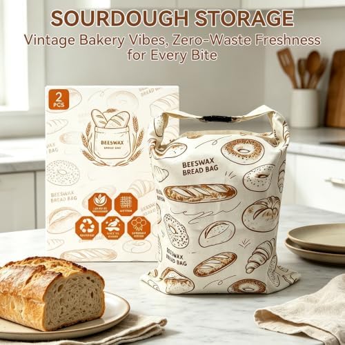 2 Pack Beeswax Bread Bags for Sourdough - 17"x13" Reusable Homemade Bread Keeper Storage Set with 2 Beeswax Food Wraps, Double Seal Zipper & Snap Buckle, Flippable Cleanable Liner, Freezer Safe - Image 7