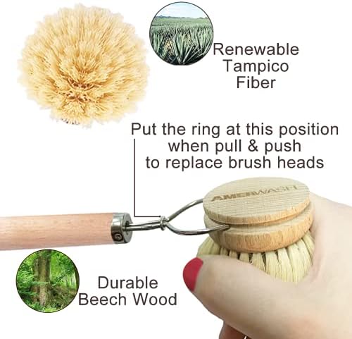 AMERWASH PLUS Dish Brush with Wooden Handle, Natural Kitchen Brush for Dishes Vegetable, Pots and Pans, Tampico Fiber Bristles Scrubber, Extra 3 Pack Replacement Head Included - Image 6