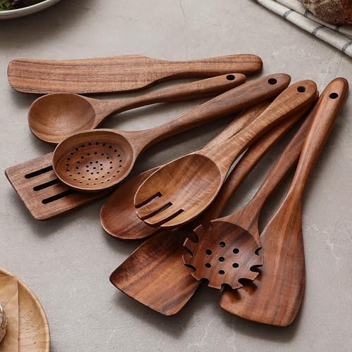 Wooden Spoons for Cooking, 12 Pcs Teak Wood Kitchen Utensils Set with Spoon Rest - Nonstick Heat Resistant Wooden Cooking Utensils, Natural Healthy Spatula Set for Pots and Pans - Image 4