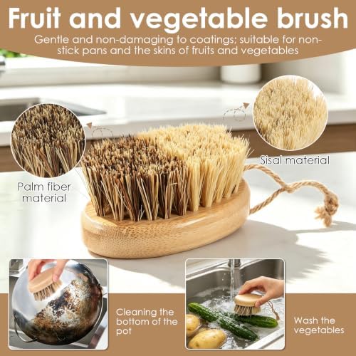 5Pcs Bamboo Dish Scrub Brush, Multi Purpose Kitchen Cleaning Brush Set - Image 5
