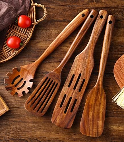 Wooden Kitchen Utensils Set, 11 Pcs Teak Wood Cooking Utensils Spoons Spatulas Spurtles Kit Non-stick Natural Kitchen Tools for Cooking - Image 6