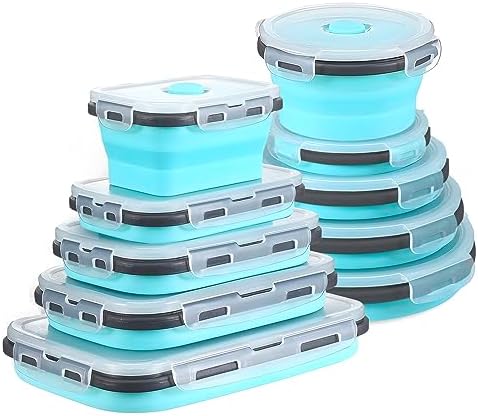 GEMLORD 10 Pieces Collapsible Food Storage Containers Foldable Silicone Lunch Containers with Airtight Lids, 5 Pcs Rectangle and 5 Pcs Round Food Bowls for Kitchen Microwave Freezer Dishwasher Safe by GEMLORD