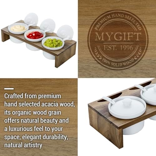 MyGift 10 Pcs Condiment Pot Serving Dish Set, Hosting Essentials, Premium Acacia Solid Wood Raised Display Server Tray and 3 Ceramic Ramekin Dip Bowls with Lids and Spoons - Image 6