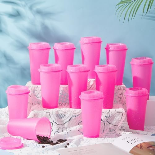 FillTouch 12 Pcs 16 oz Reusable Coffee Cups with Lids, Glitter Rose Red - Image 4