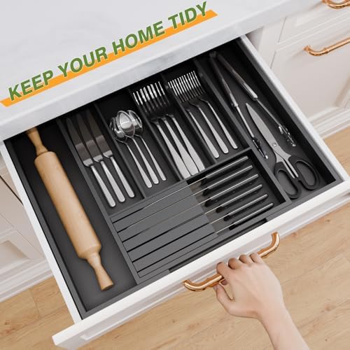 Bamboo Kitchen Silverware Drawer Organizer - Expandable Wood Utensil Holder with Dividers, Luxury Cutlery Storage Tray for Kitchen Utensil and Flatware (5-7 Slots with Removable Knife Block, Black) - Image 4