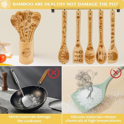 6 PCS Sunflower Wooden Spoons Set for Kitchen Decor,Sunflower Gift with Utensil Holder for Women Cooking,Sun Flower Stuff for Home Decorations,Girasol Theme Gift Ideas for Housewarming,Mothers Day - Image 4
