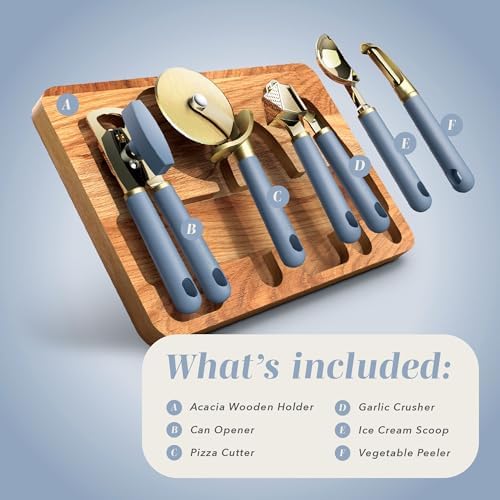 COOK WITH COLOR 6-Piece Kitchen Tool Set with Acacia Wood Cutting Board, Can Opener, Pizza Cutter & Prep Essentials, Blue - Image 2