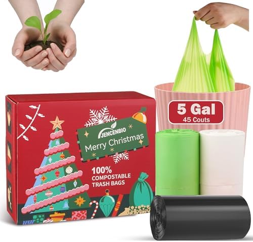 5 Gallon Compostable Handle Trash Bags Compost Food Scrap Waste Bags with US BPI ASTM D6400 and Europe OK Compost Home Certified Christmas Gift 50 Couts by JENCENBIO