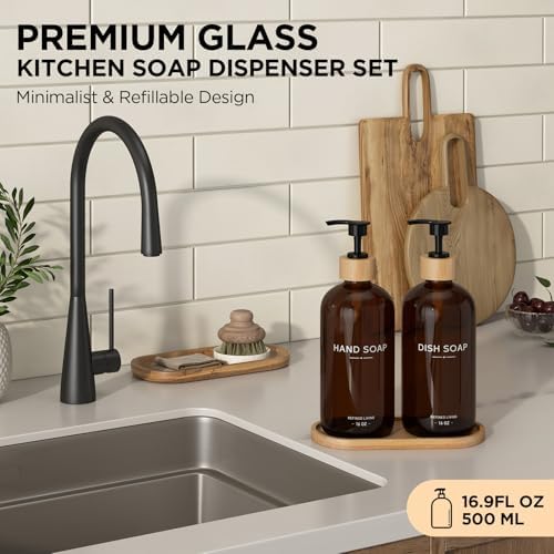 Hand and Dish Soap Dispenser Set,16oz Glass Bottles with Bamboo Pumps & Tray,Countertop Soap Dispensers for Kitchen,Luxury, Minimalist & Farmhouse Decor - Image 2