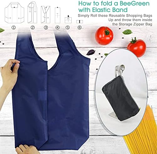BeeGreen Navy Blue Reusable Grocery Bags Wholesale Reusable Kitchen Bags Bulk Foldable-Machine Washable with Zipper Storage Pouch 50 Packs - Image 4
