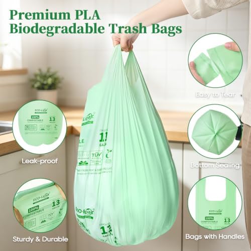 ECOLipak 13 Gallon 50 Count Compostable Kitchen Trash Bags with Handles - Image 6