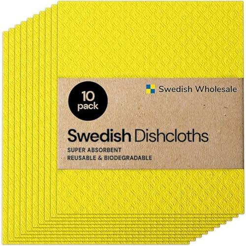 Swedish Wholesale Dishcloths Reusable 8" x 7" Sponge Cloths, Bulk 10 Pack of High Absorbent Cellulose Dish & Kitchen Cleaning Hand Towels, Wring to Dry & Machine Wash, Odor Resistant, Yellow by SwedishWholesale