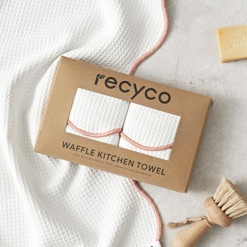 RECYCO Waffle Kitchen Towel Set of 2 - Quick Dry Microfiber Sustainable Dish Towels - Ultra Absorbent Reusable Cleaning Tea Towels - Lightweight Hand Towels,16”x 28”, Coral Pink - Image 7