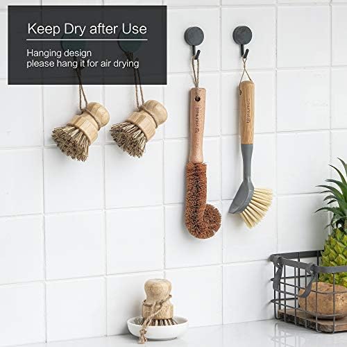 Natural Bamboo Dish Brush Bottle Scrub Brush 4-Piece Set, with Ceramic Soap Dispenser - Wooden Washing Up Brushes with Sturdy Handles for Cleaning Dishes, Pots, Pans, Gift Kit - Image 7
