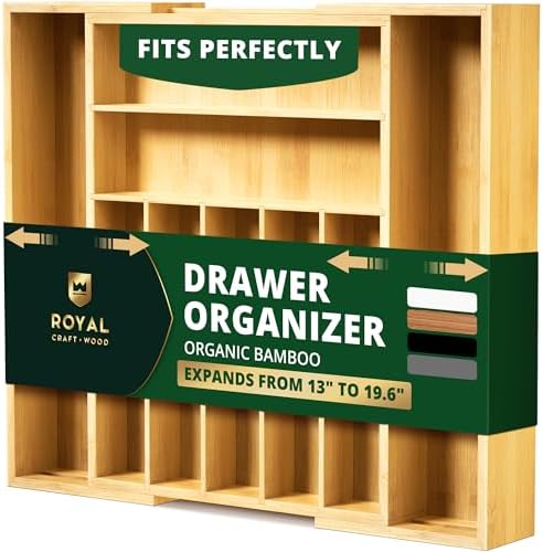ROYAL CRAFT WOOD Luxury Bamboo Kitchen Drawer Organizer - Silverware Organizer, Utensil Holder & Cutlery Tray Drawer Dividers for Flatware (9 Slot, Natural) by ROYALCRAFTWOOD