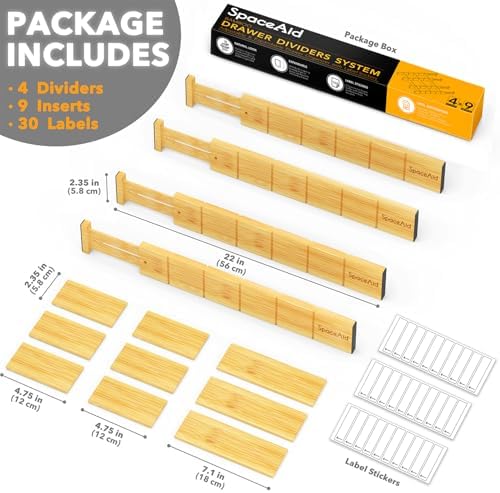 SpaceAid Bamboo Drawer Dividers with Inserts and Labels, Kitchen Adjustable Drawer Organizers, Expandable Organization for Home, Office, Dressers, 4 Dividers with 9 Inserts (17"-22" Natural) - Image 4