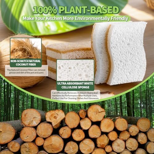 Sponges Kitchen Natural Dish Sponge Plant-Based Biodegradable Compostable Cellulose with Coconut Scrubber Sponge Non Scratch Eco Friendly Kitchen sponges for Kitchen Dishes（Pack of 16） - Image 3