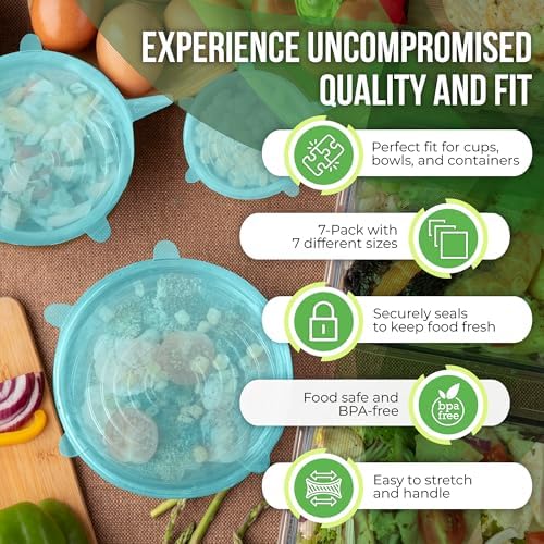 Reusable Silicone Stretch Lids for Food Storage in Fridge - Elastic Heat-Resistant Bowl Covers, Cups, Cans, Jars - Universal Food Grade Lid for Round and Rectangle Containers -7 Pack - Midnight Teal - Image 3