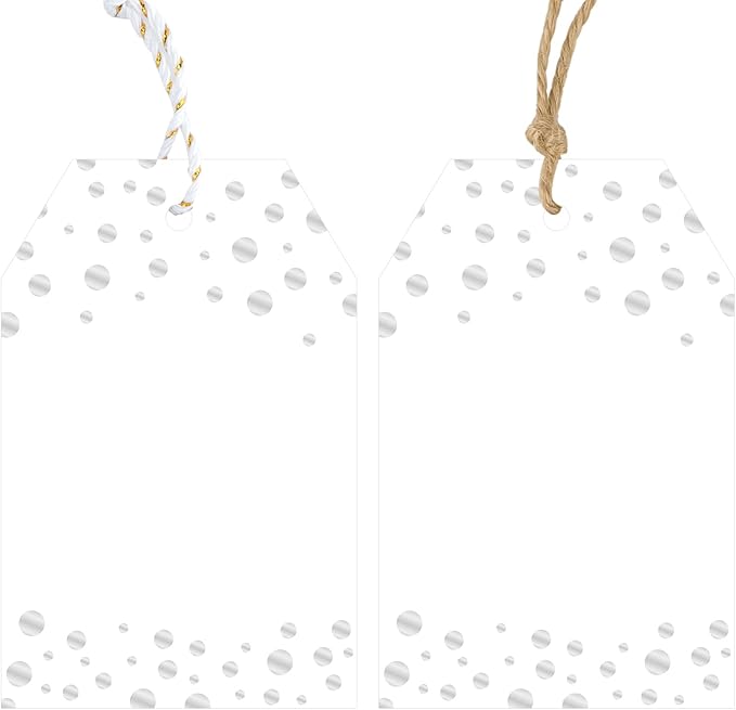 Anwyll Gift Tags with String - 100Pcs Silver Foil Confetti Polka Dot Gift Bag Tags Personalized White Blank Hanging Paper Label Tag for Birthday Party Bridal Shower Wedding Christmas Favors Present