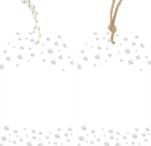 Anwyll Gift Tags with String - 100Pcs Silver Foil Confetti Polka Dot Gift Bag Tags Personalized White Blank Hanging Paper Label Tag for Birthday Party Bridal Shower Wedding Christmas Favors Present