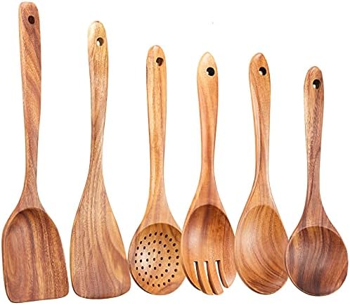 Wooden Kitchen Utensils Set,GUDAMAYE 6 PCE Wooden Spoons for Cooking,Wooden Cooking Utensils,Natural Teak Wooden Spoons For Non-stick Pan by Gudamaye-WoodenUtensilsSets