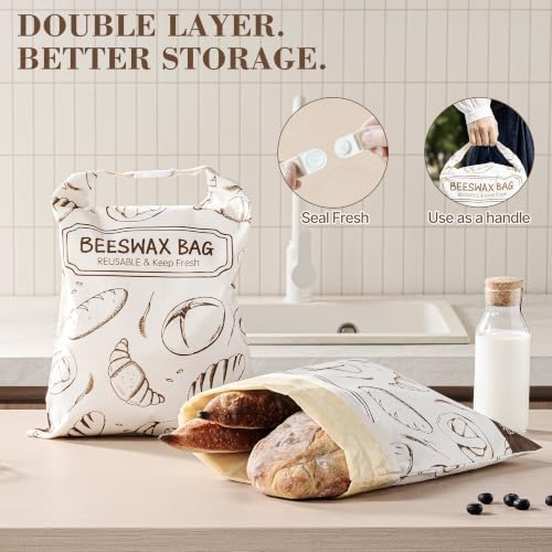 Beeswax Bread Bag, Reusable Bread Bags for Homemade Bread, 2 Pack Beeswax Bread Bags for Sourdough, Natural Cotton Sourdough Bread Bag, Large Capacity - Image 4