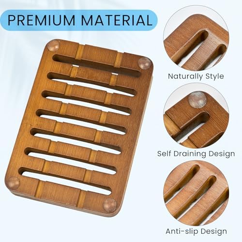 2 Pack FSC Bamboo Soap Holder, Slotted Self-Draining Dish, Walnut Style - Image 3